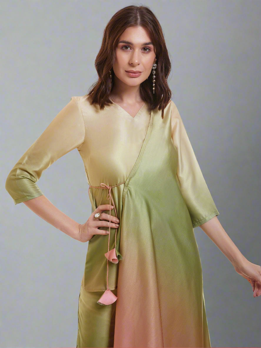 Fabulous Ombre Green Satin Designer Asymmetrical Kurta Set