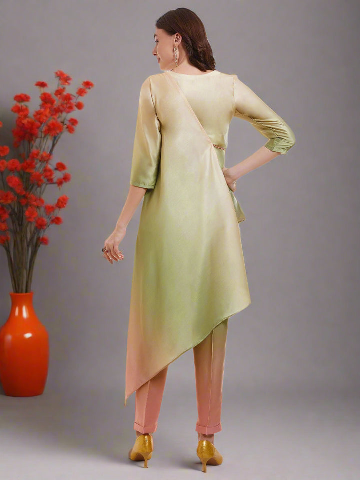 Fabulous Ombre Green Satin Designer Asymmetrical Kurta Set