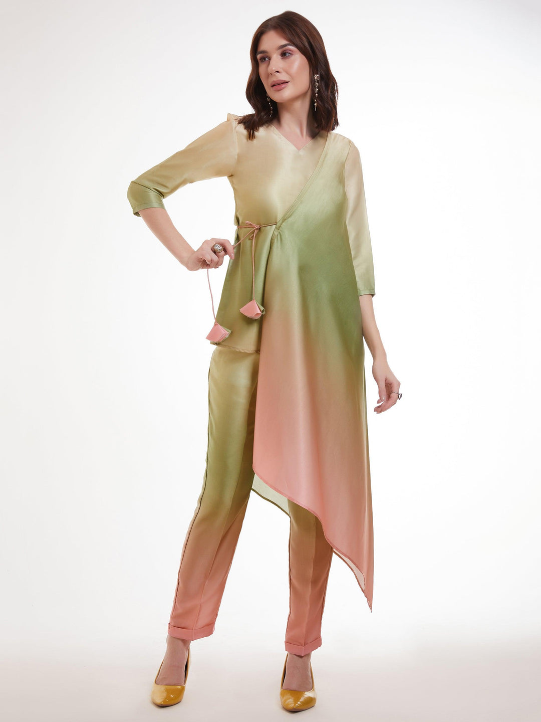 Fabulous Ombre Green Satin Designer Asymmetrical Kurta Set