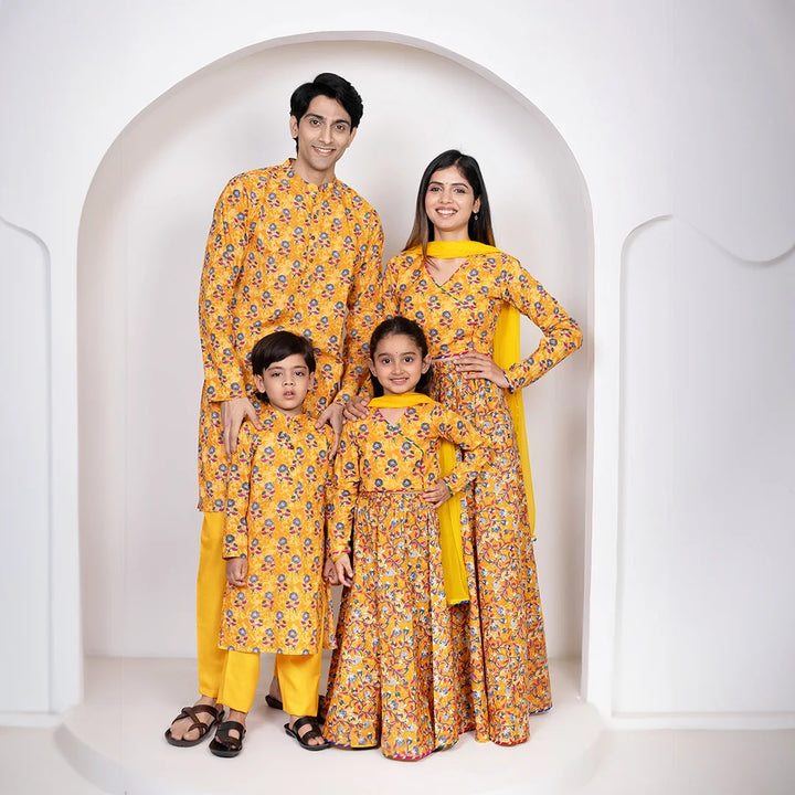 Mustard Printed Lehenga Choli and Dupatta with Matching Kurta Pyjama Set for Family