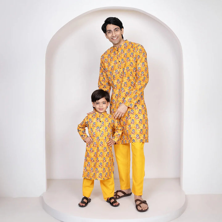 Mustard Floral Printed Cotton Father and Son Twin Set