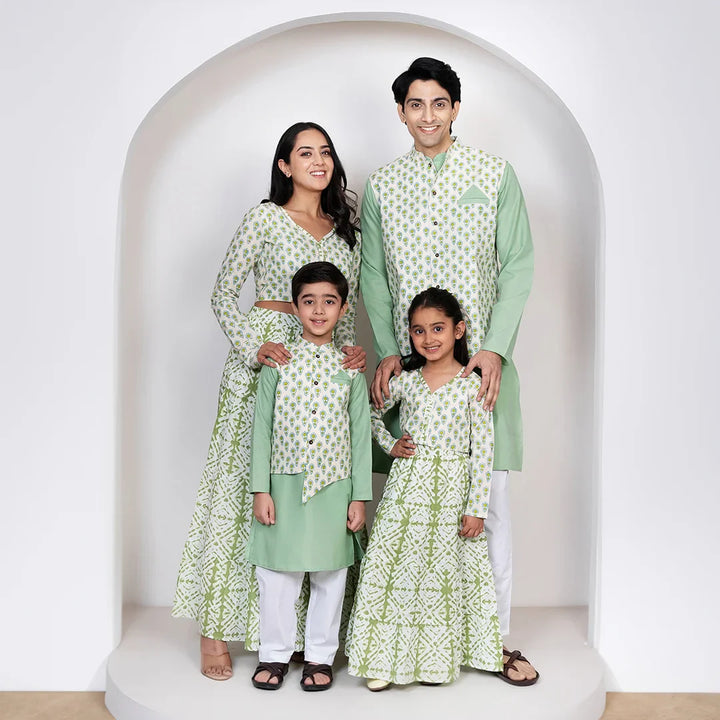Sea Green Cotton Lehenga Choli with Matching Kurta Pyjama and Jacket Set - Family Twin Set
