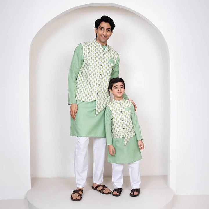 Sea Green Floral Printed Cotton Father and Son Twin Set