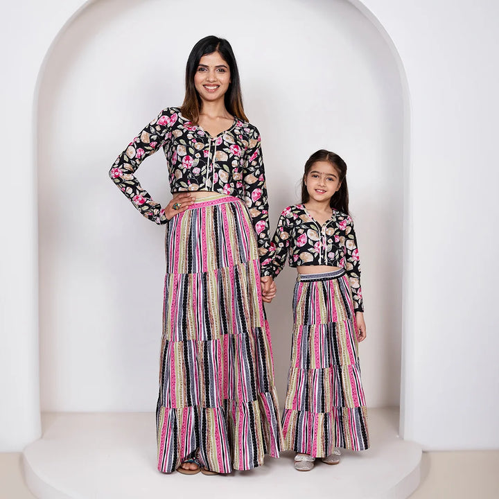 Black with Multi Color Floral Printed Lehenga With Matching Dupatta For Mom and Daughter Twin Set