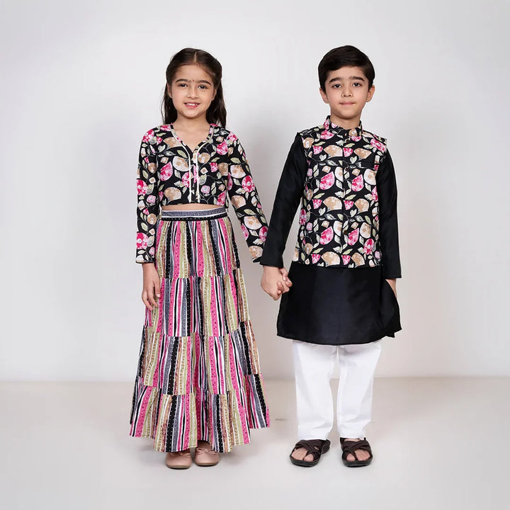 Black and Multicolored Cotton Sibling Twin Set: Lehenga Crop top and Dupatta with Matching Kurta Pyjama, and Jacket For Boy