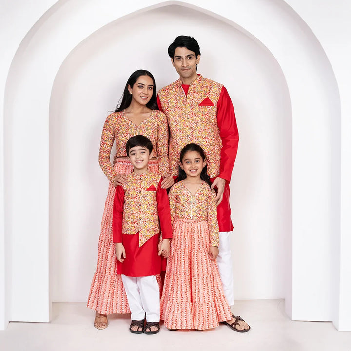Red With Peach Floral Printed Lehenga Crop Top and Dupatta With Matching Kurta Pyjama