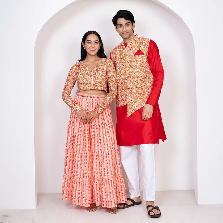 Red With Peach Floral Printed Lehenga Crop Top and Dupatta With Matching Kurta Pyjama Couple Twin Set