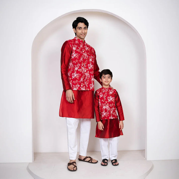 Maroon & White Floral Printed Cotton Father and Son Twin Set