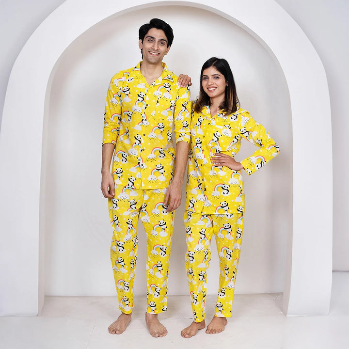 Lemony Yellow and White Floral Printed Night Suit Set For Couple