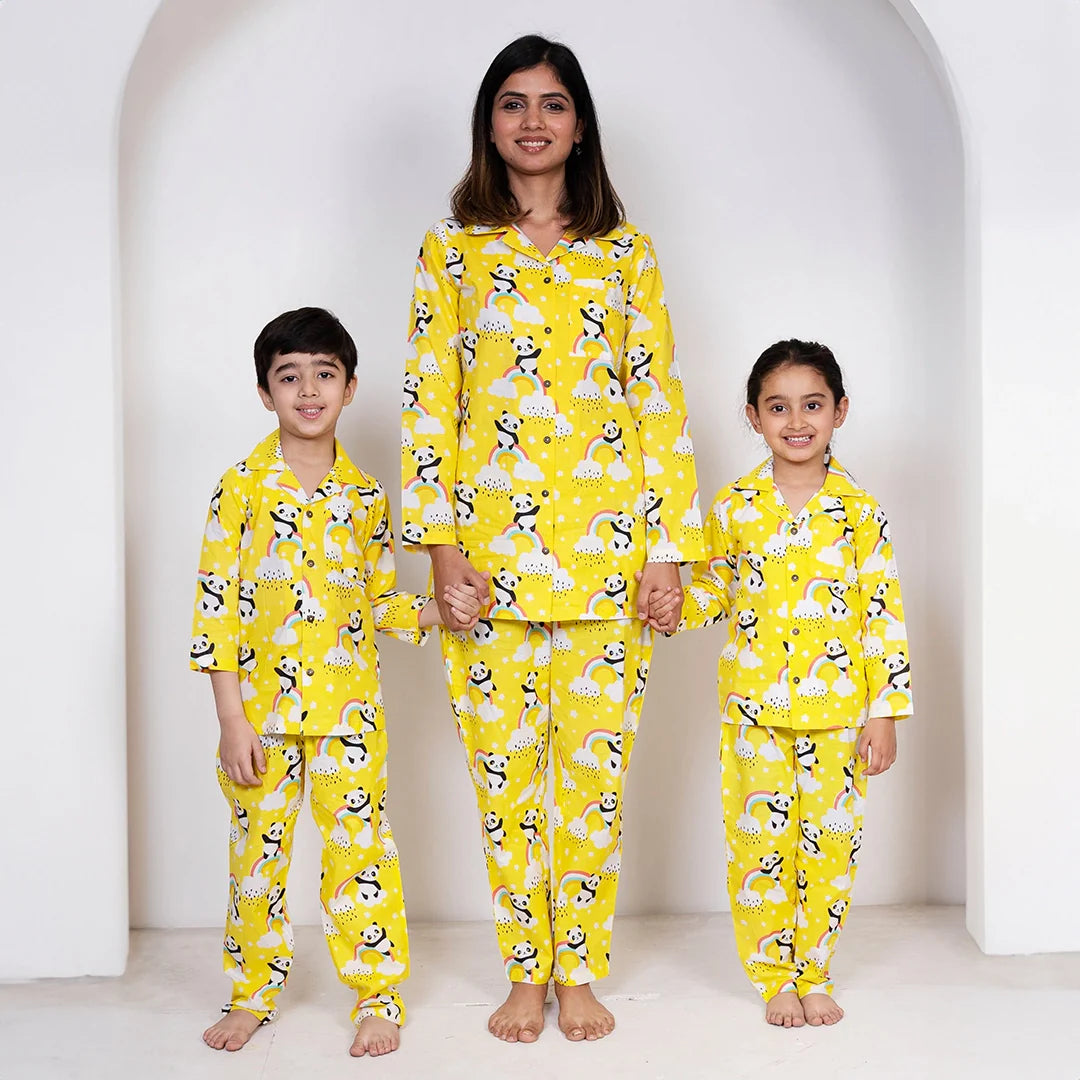 Lemony Yellow and White Floral Printed Night Suit Set For Mom Son & Daughter