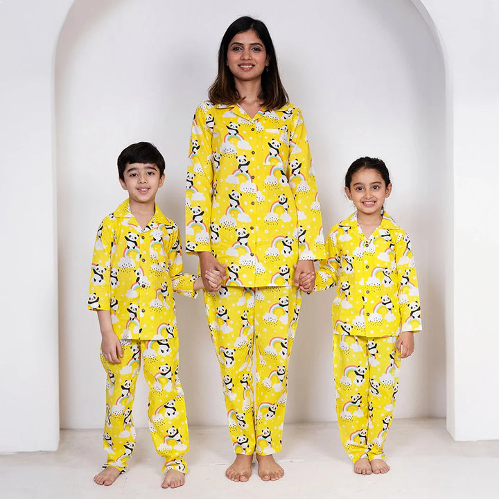 Lemony Yellow and White Floral Printed Night Suit Set For Mom Son & Daughter