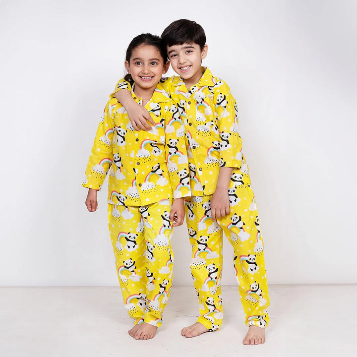 Lemony Yellow and White Floral Printed Night Suit Set For Brother and Sister