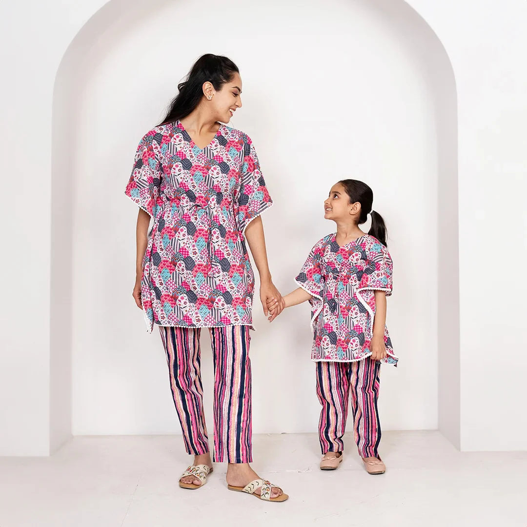 Pretty in Pink and Blue: Cotton Floral Kaftan with Pants Set for Mom & Daughter - Summer Matching Outfits