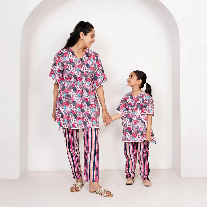 Pretty in Pink and Blue: Cotton Floral Kaftan with Pants Set for Mom & Daughter - Summer Matching Outfits