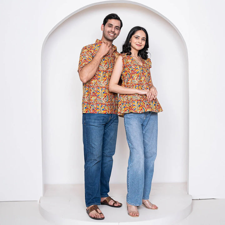 Cotton kalamkari Printed Top With Matching Shirt Couple Twin Set