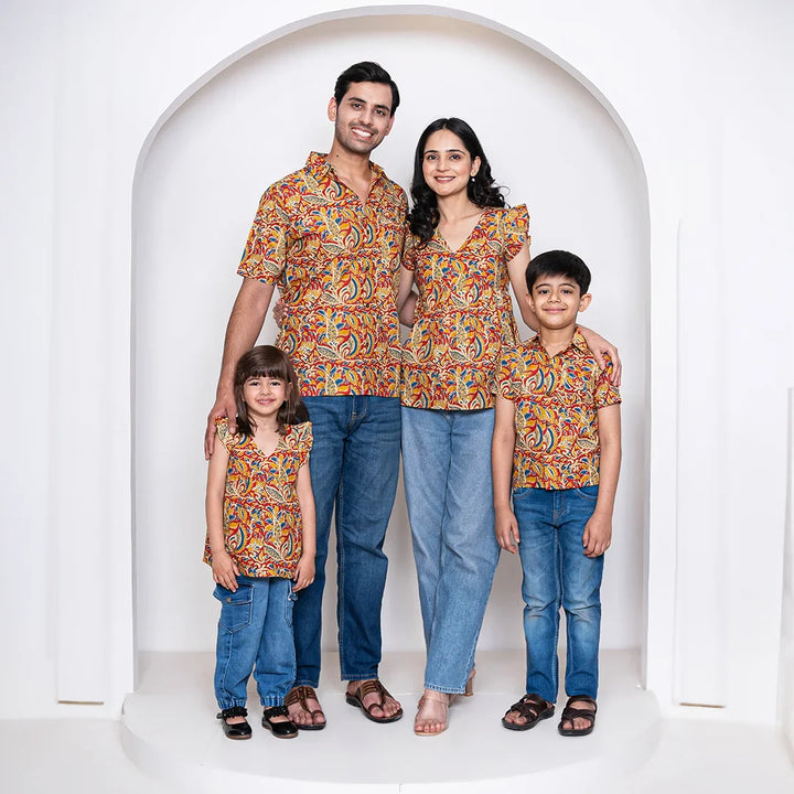 Cotton Kalamkari Print Family Set with Matching Tops & Shirts - Perfect for Casual Wear