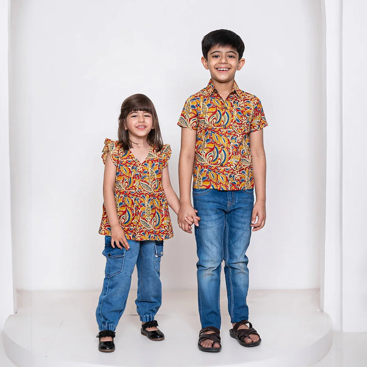 Cotton kalamkari Printed Matching Top & Shirt For Brother and Sister