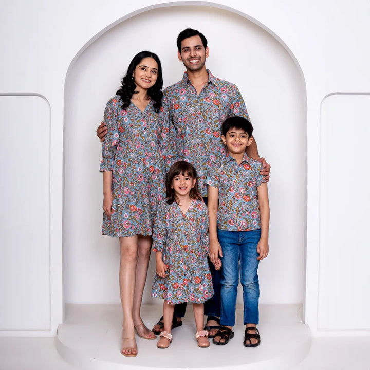 Grey floral Printed Family Sets with Matching Dress & shirts