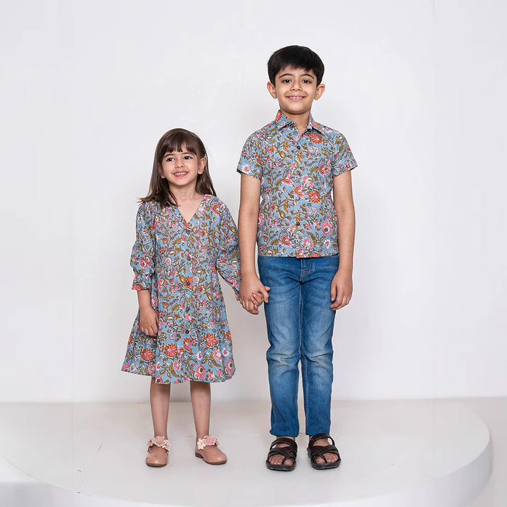 Grey floral Printed Matching Dress & Shirt For Brother and Sister