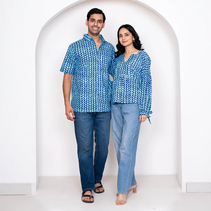 Blue Leaf Printed Matching Top & Shirt Couple Twin Set
