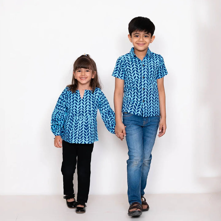 Blue Leaf Printed Matching Top & Shirt For Brother and Sister