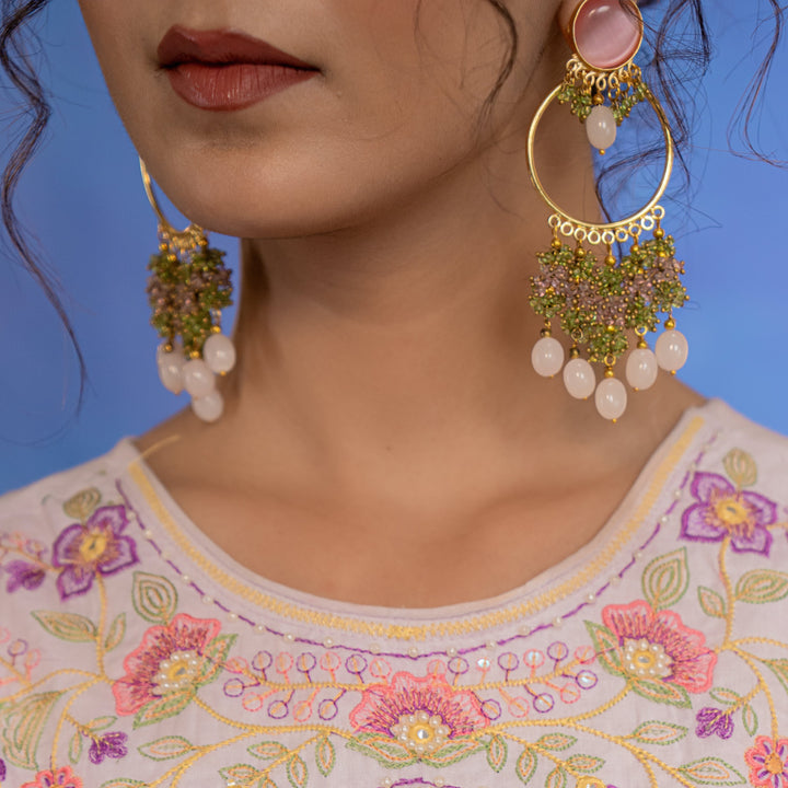 Rose Quartz and | Green Beaded Hoop Earrings Luxury Wear