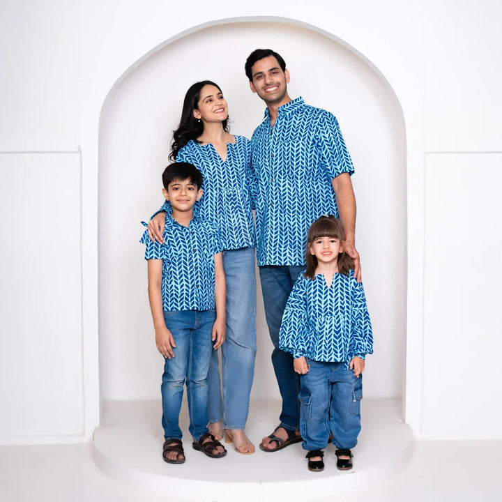 Blue Leaf Printed Family Sets with Matching Tops & shirts