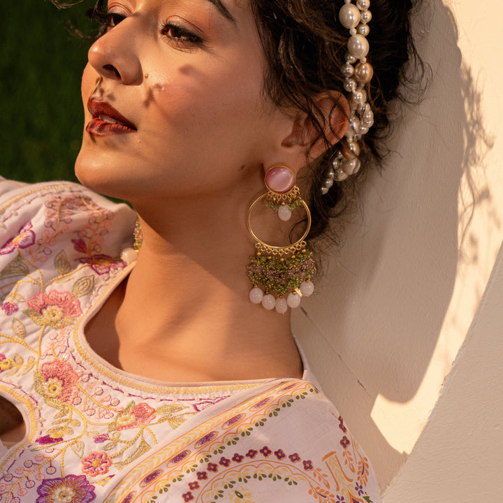 Rose Quartz and | Green Beaded Hoop Earrings Luxury Wear