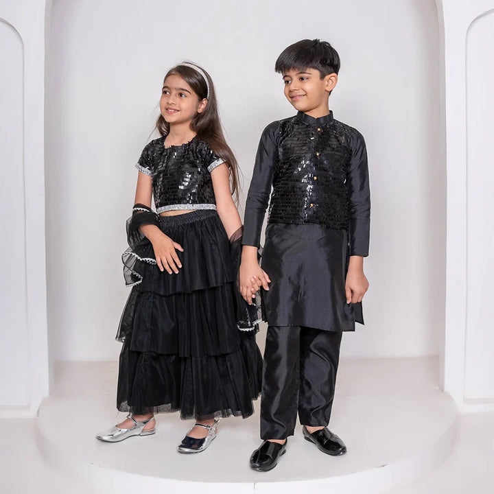 Black Sequins Tiered Lehenga With Matching Kurta & Pyjama for Brother-Sister Duo