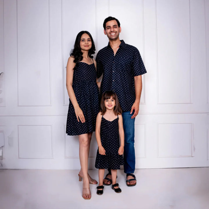 Black & white Dot printed Family Sets with Matching Dress & shirts