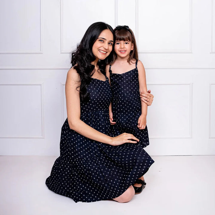 Black & white Dot Printed Dresses for Mom and Daughter