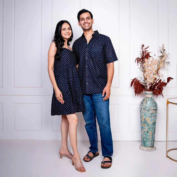 Black And White Dot Printed Dress With Matching Shirt Couple Twin Set