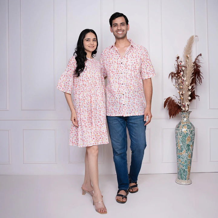 White Floral Printed Dress With Matching Shirt Couple Twin Set