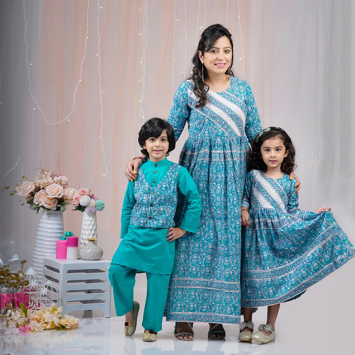 Teal Block Printed Suit With Matching Kurta Pyjama Family Set