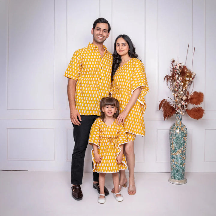 Mustard Elephant Printed Kaftan With Matching Shirt Family set
