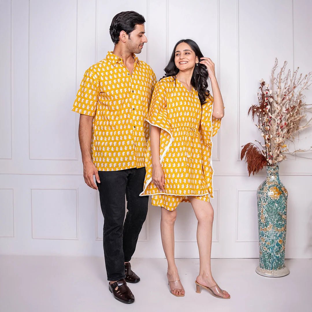 Mustard Elephant Printed Kaftan With Matching Shirt Couple Twin Set