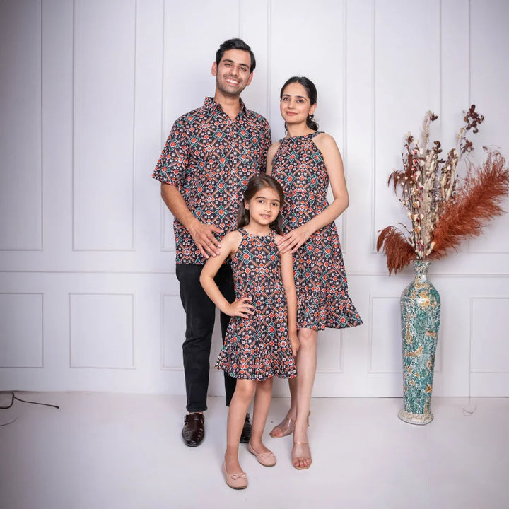 Black Geometric Printed Dress With Matching Shirt Family set
