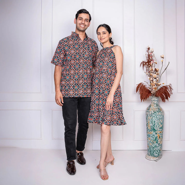 purple Geometric Printed Dress With Matching Shirt Couple Twin Set