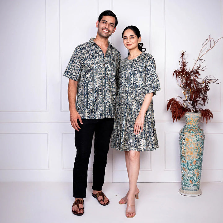 Grey And Blue Printed Dress With Matching Shirt Couple Twin Set