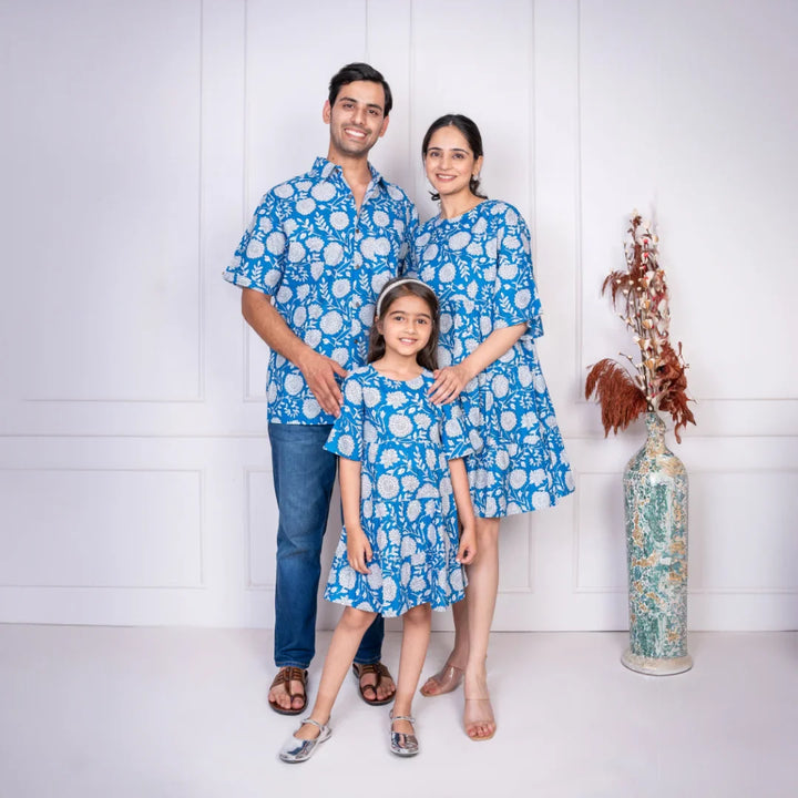 Blue Floral Printed Dress With Matching Shirt Family set