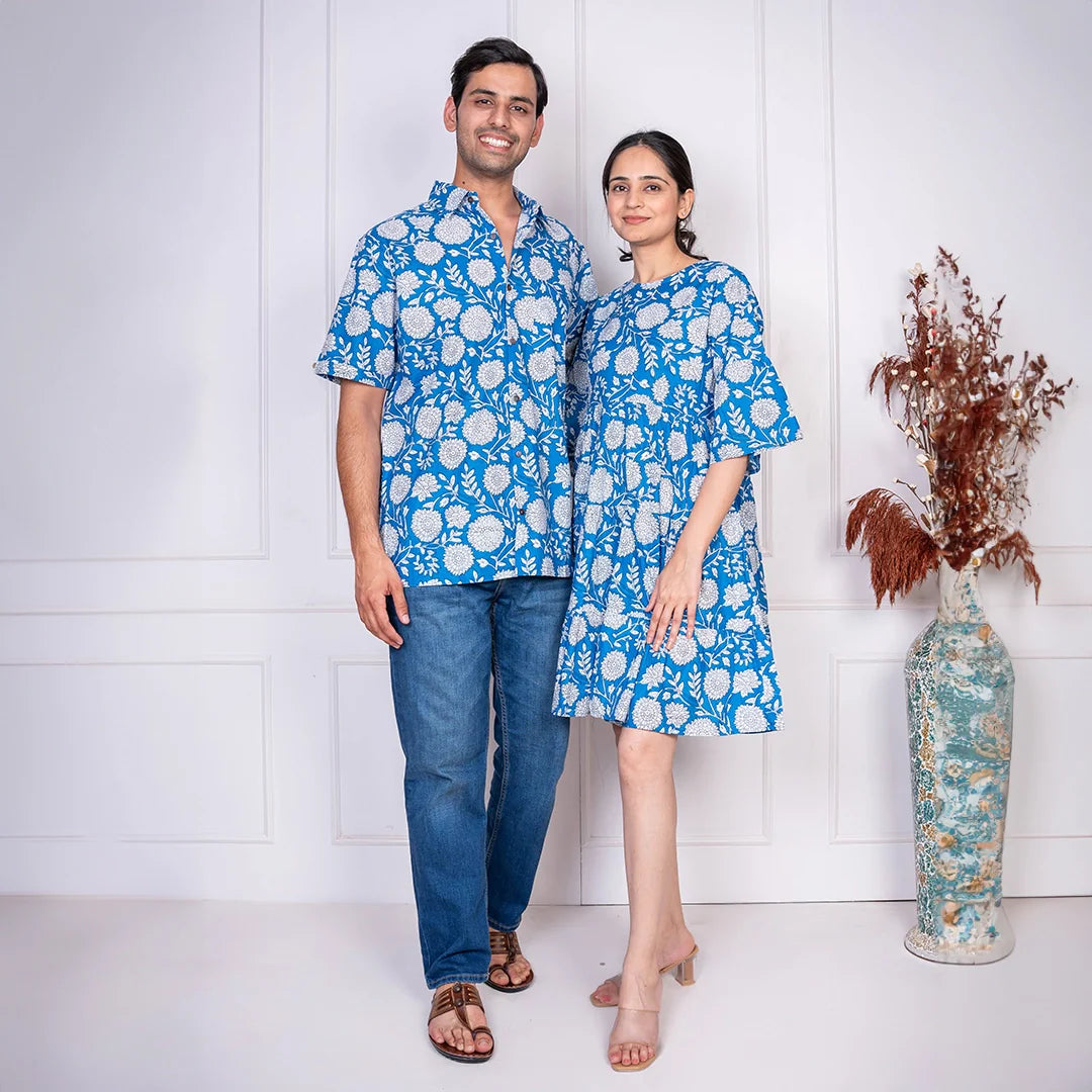 Blue Floral Printed Dress With Matching Shirt Couple Twin Set