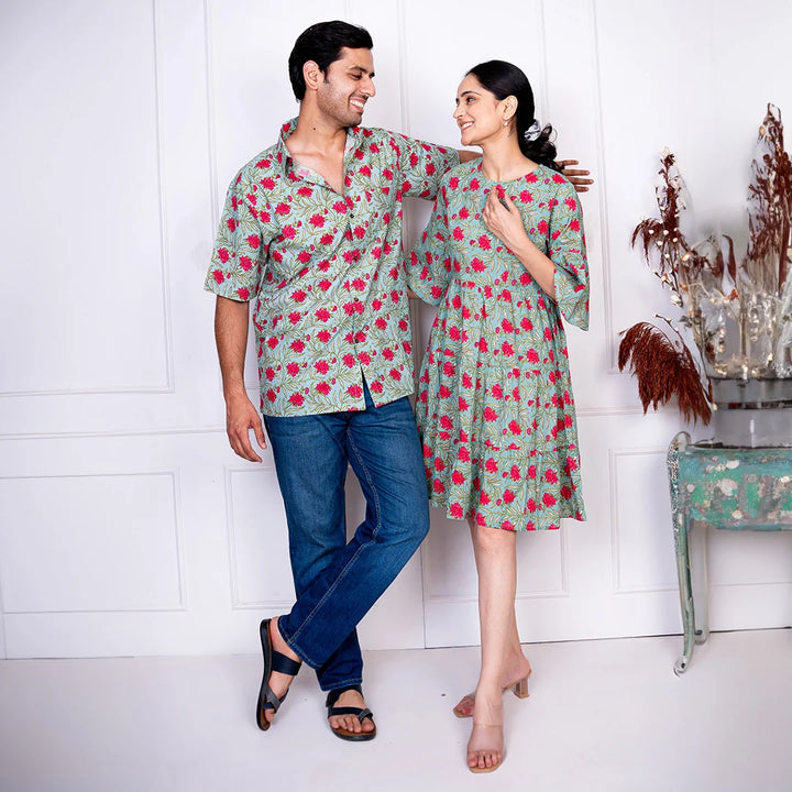Green & Red Tiered Dress With Matching Shirt Couple Twin Set