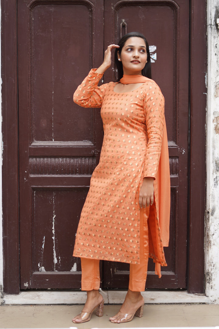 Graceful Chanderi Suit Set | Zari Kurta with Pants & Dupatta