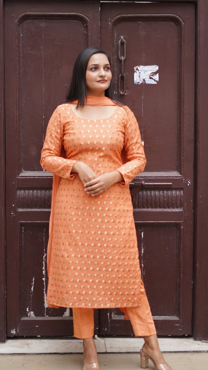 Graceful Chanderi Suit Set | Zari Kurta with Pants & Dupatta