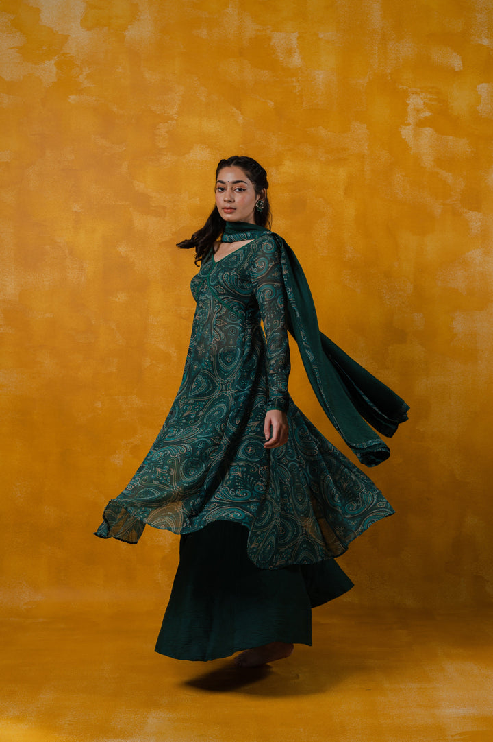 Paisley Teal Green Anarkali | Georgette Fabric with Dupatta