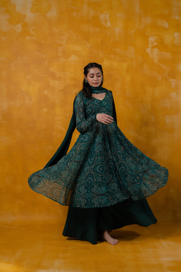 Paisley Teal Green Anarkali | Georgette Fabric with Dupatta