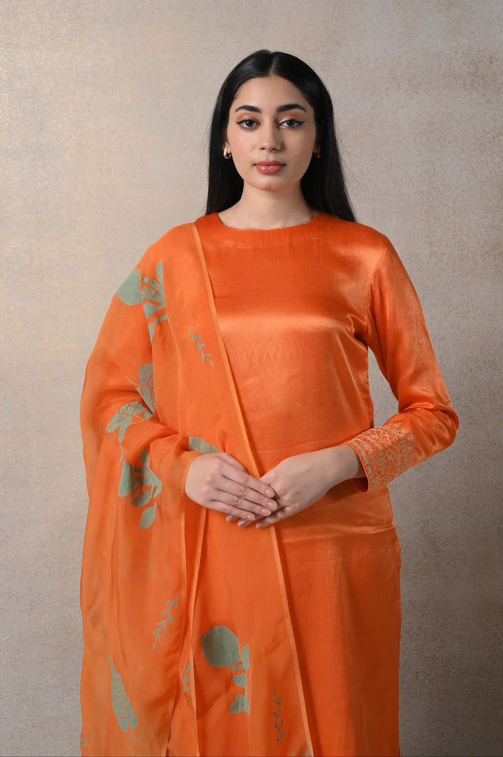 Orange Kamakhya Kurti Set | Elegant Gaji Kurta with Block Printed Dupatta