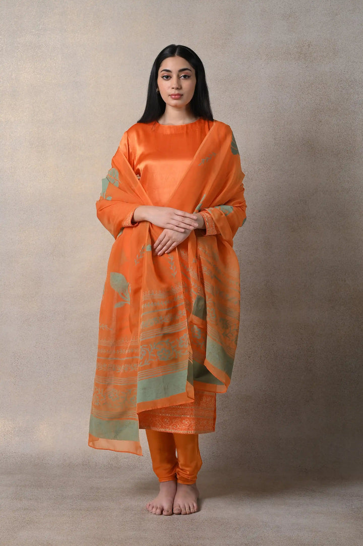 Orange Kamakhya Kurti Set | Elegant Gaji Kurta with Block Printed Dupatta