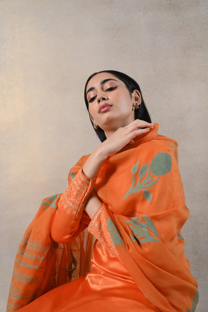 Orange Kamakhya Kurti Set | Elegant Gaji Kurta with Block Printed Dupatta