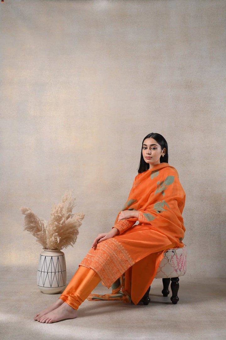 Orange Kamakhya Kurti Set | Elegant Gaji Kurta with Block Printed Dupatta